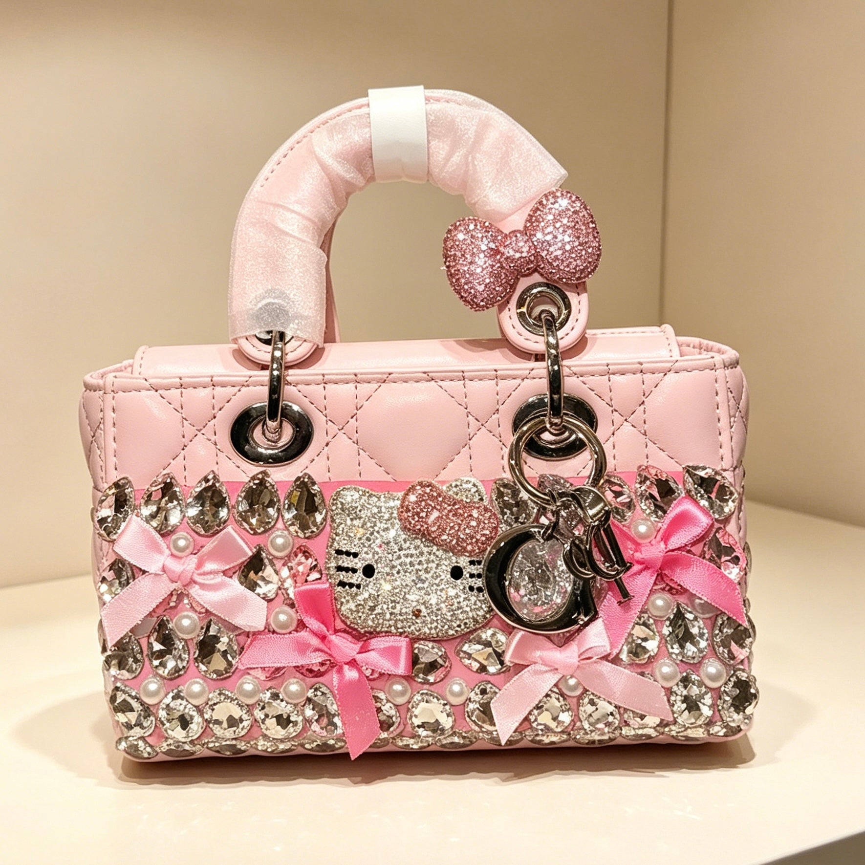 Kawaii Hello Kitty Rhinestone Quilted Handle Bag