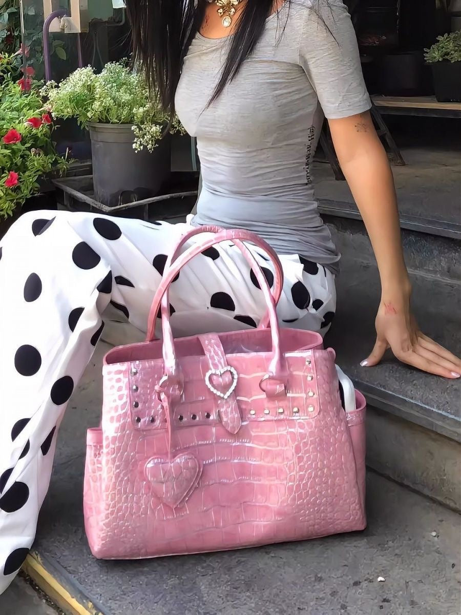 Y2K Pink Crocodile Pattern Shoulder Handbag