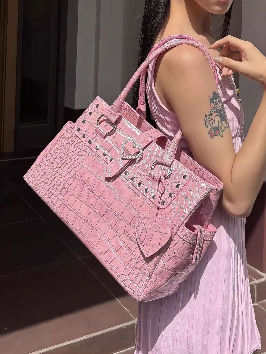 Y2K Pink Crocodile Pattern Shoulder Handbag
